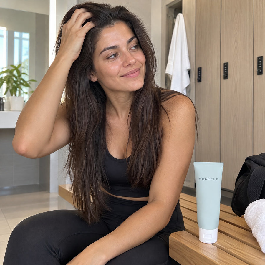 Woman in a gym locker room running her fingers through her fresh roots after a workout, the Maneele tube on the bench beside her
