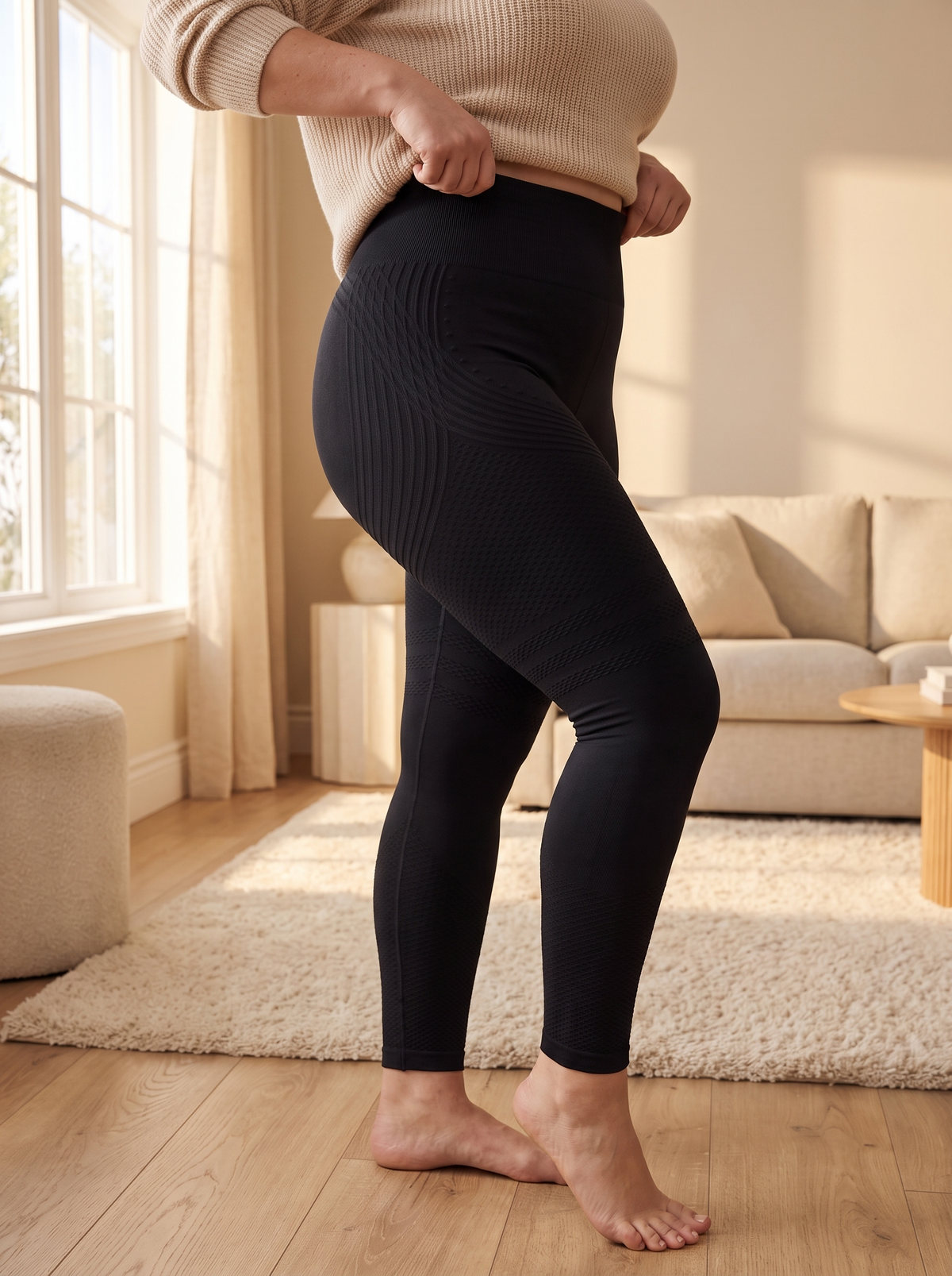 Woman pulling on the Maneele 3D Sculpting Leggings