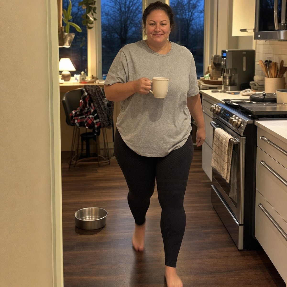 Woman with lipedema walking through her kitchen in the evening wearing Maneele leggings