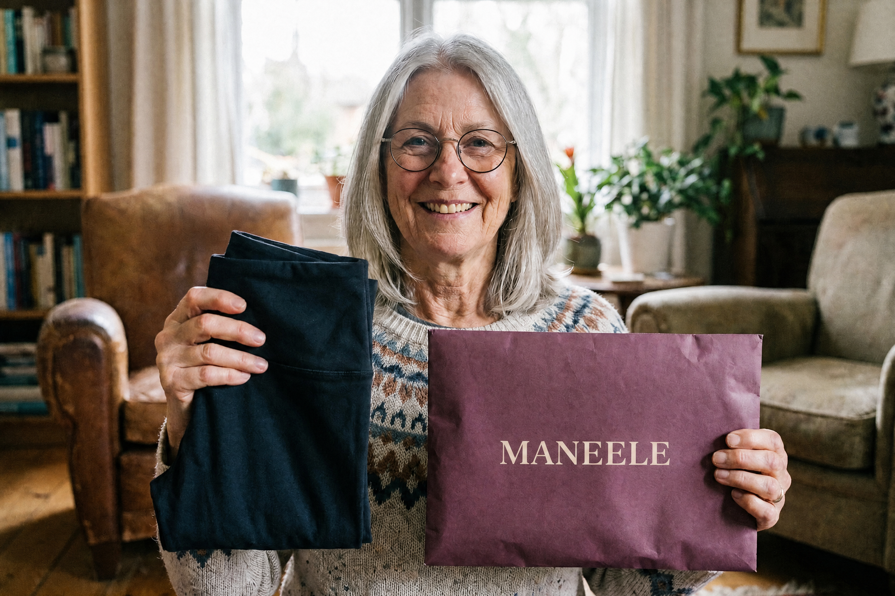 Customer holding her Maneele leggings and package