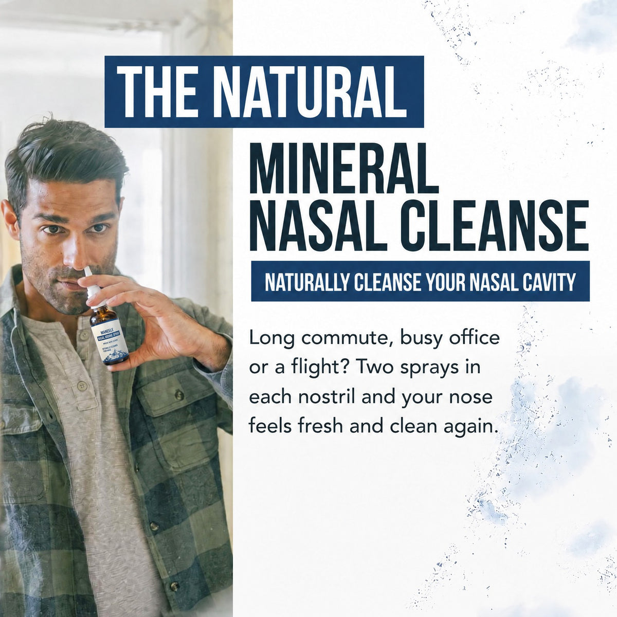 Man spraying the mineral nasal cleanse into one nostril: two sprays in each nostril after a long commute, a busy office or a flight