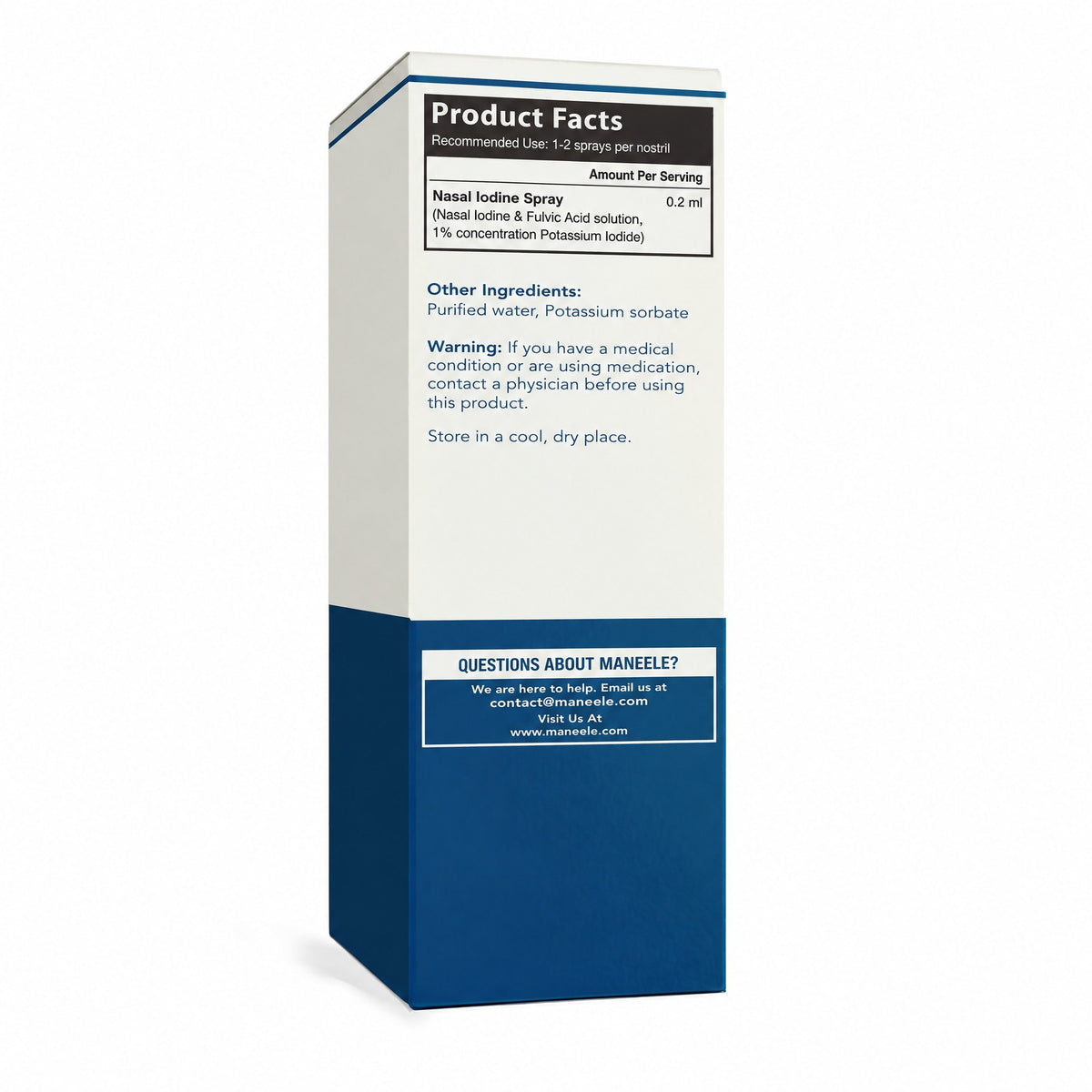 Back of the Maneele box: product facts, 1 to 2 sprays per nostril, ingredients and storage