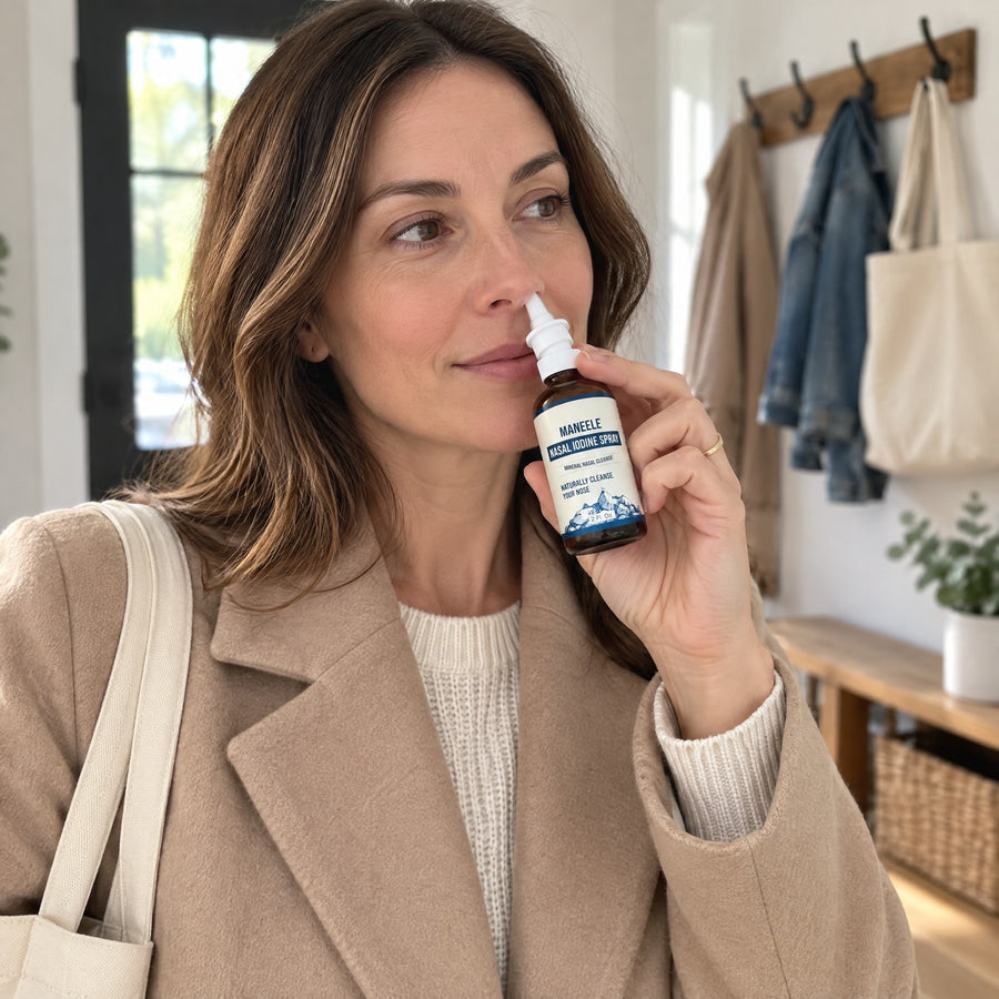 Woman just back home, tote bag on her shoulder, using the Maneele nasal iodine spray
