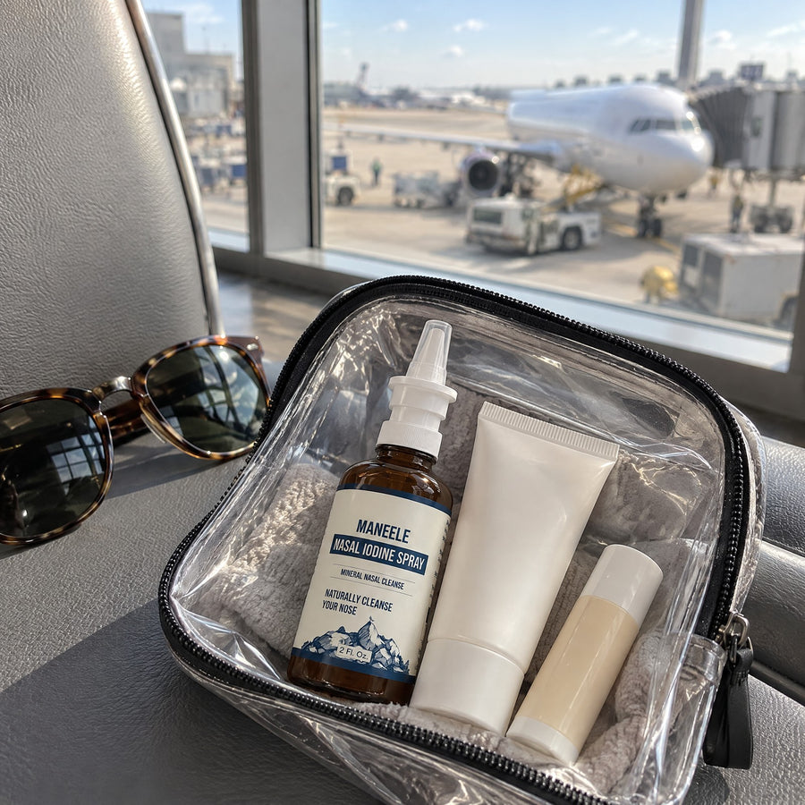 Maneele nasal iodine spray in a clear carry-on toiletry pouch on an airport seat