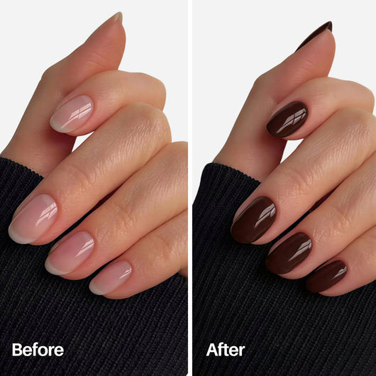 Sweenly Chocolate Nail Pen — before and after on natural nails