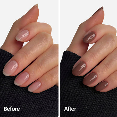 Sweenly Hazelnut Nail Pen — before and after on natural nails