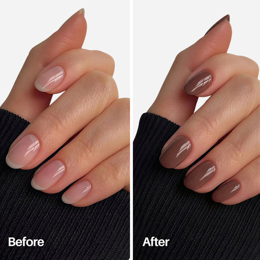 Sweenly Hazelnut Nail Pen — before and after on natural nails