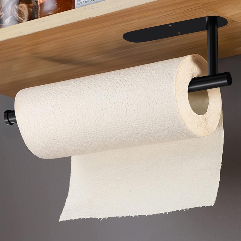 Matte black paper towel holder mounted under a wooden shelf with a roll