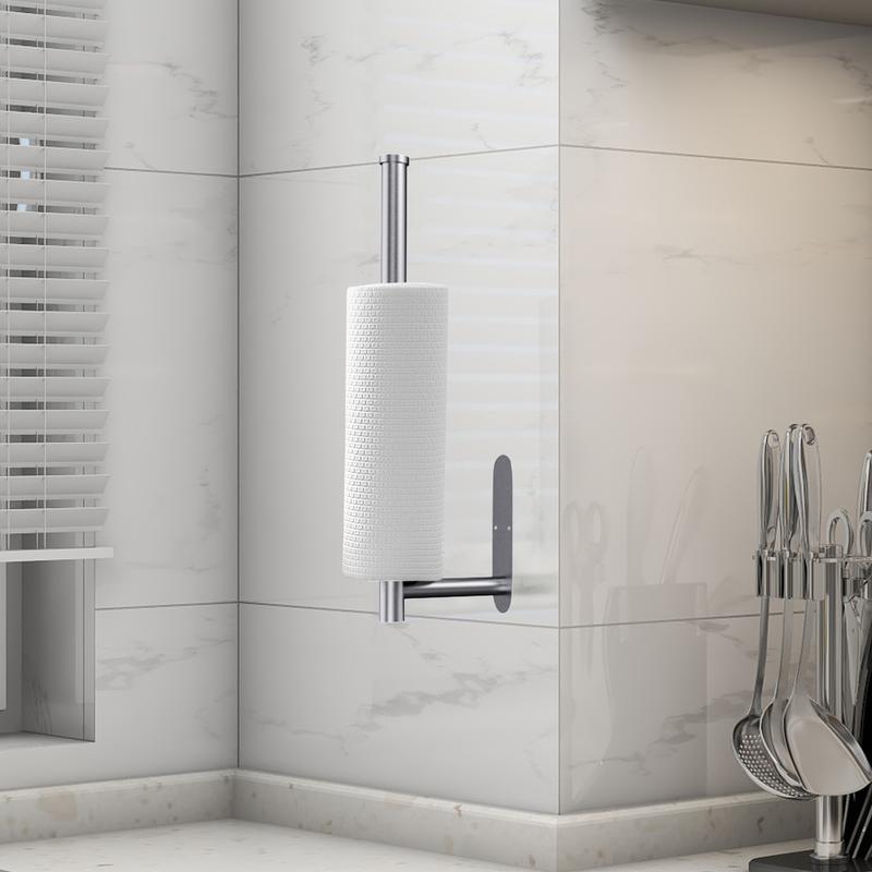 Brushed steel holder mounted vertically on a kitchen wall