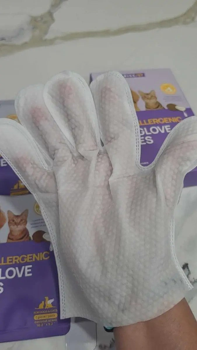 Glove wipe on a hand