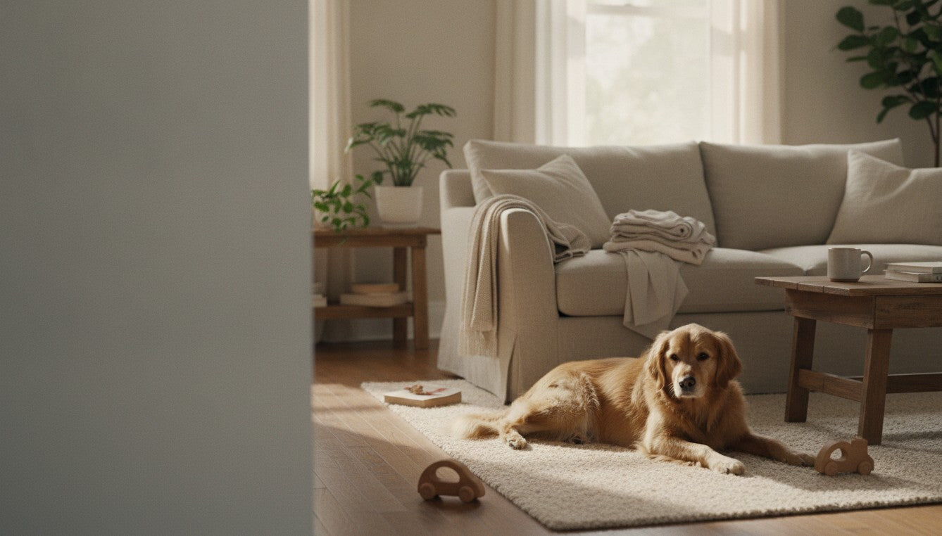 A lived-in living room with a dog on the rug